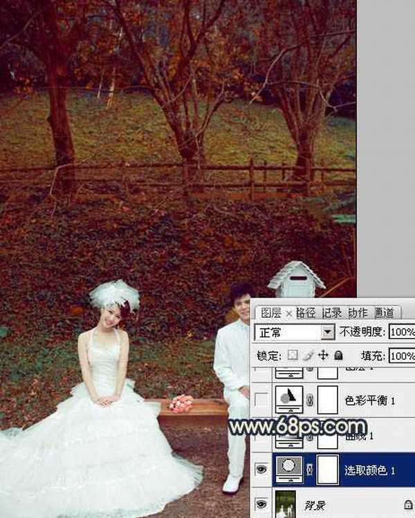 Photosho将公园婚片调制出漂亮的暗红色