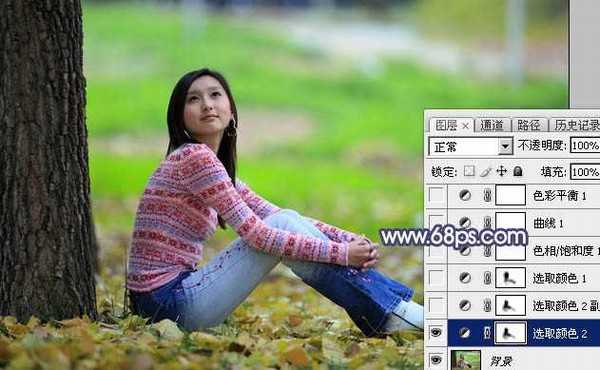 Photoshop给大树下的美女加上甜美的橙黄秋季色