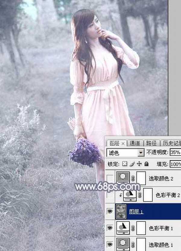 Photoshop快速打造淡蓝色梦幻树林美女图片