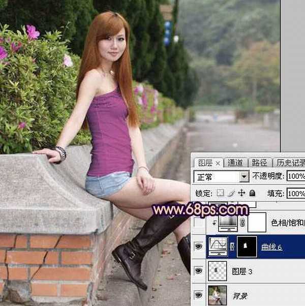 Photoshop为景区美女更换衣服颜色增加昏暗的高对比晨曦色