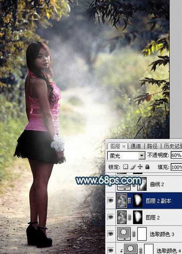 Photoshop调制出暗蓝秋季色树林人物图片