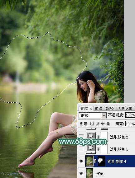 Photoshop将湖景人物图片打造甜美的粉调青绿色